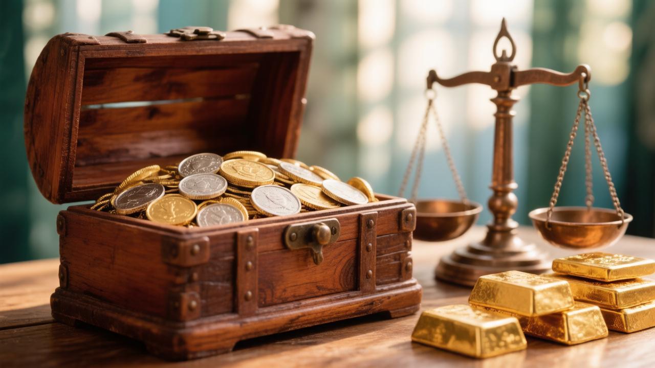 Сундук с монетами, весы и золотые слитки — иллюстрация к финансовым возможностям в недельном прогнозе.
